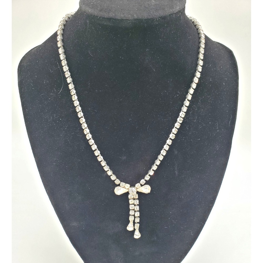Vintage Rhinestone Bow Drop Necklace 14"